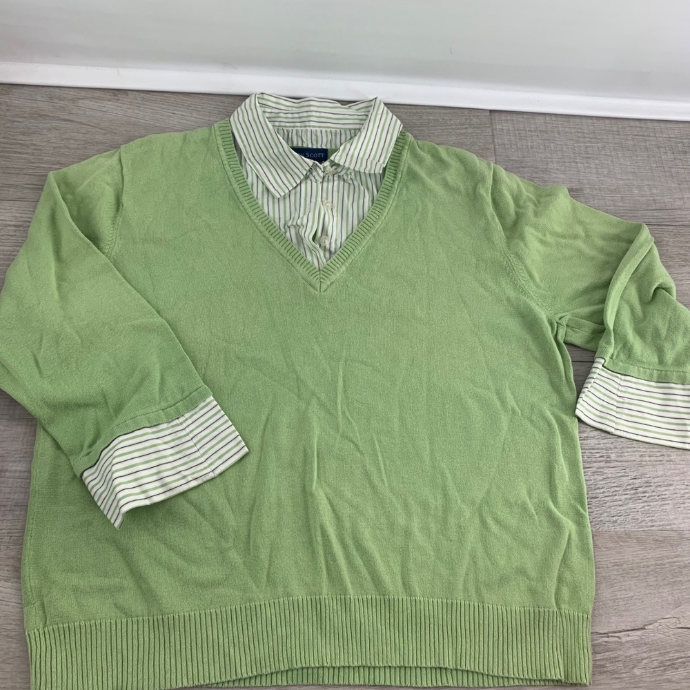 Karen Scott Green V-Neck Sweater Mock Layer Striped Shirt XL 100% Cotton